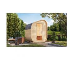 Fasssauna KARIBU "Asymmetrisch 1" SET, naturbelassen, mit Ofen 9 kW", naturbelassen, Saunaofen, externe Steuerung, 400 kW, Saunen, aus hochwertiger nordischer Fichte