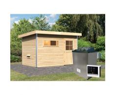 Saunahaus KARIBU "»Simon 1« mit klassischer Tür, naturbelassen", beige (naturbelassen), Saunaofen, externe Steuerung, (ohne Ofen), Saunen