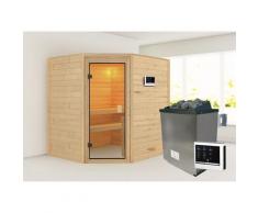 Sauna KARIBU "Mia (Fronteinstieg)", beige (naturbelassen), (ohne Ofen), Saunen, Ofen 9 KW externe Strg easy