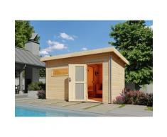 Saunahaus KARIBU "»Simon 3« mit Milchglastür, naturbelassen", beige (naturbelassen), Saunaofen, externe Steuerung, (ohne Ofen), Saunen, 9 kW Ofen mit integrierter Steuerung