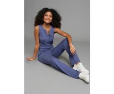 Jumpsuit LAURA SCOTT, Damen, Gr. 44, N-Gr, blau (graublau), Single Jersey, Obermaterial: 50% Baumwolle, 50% Modal, unifarben, slim fit lang, V-Ausschnitt, Overalls Jumpsuit, im Basic-Stil, mit dezenter Knopfleiste, aus Baumwolle und Modal