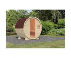Fasssauna KARIBU "naturbelassen mit Schindeln rot", beige (naturbelassen), ohne Ofen, (ohne Ofen), Saunen, aus hochwertiger nordischer Fichte