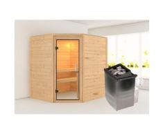 Sauna KARIBU "Mia (Fronteinstieg)", beige (naturbelassen), (ohne Ofen), Saunen, inklusive Ofenschutzgitter und Tür, Ofen 9 kW integr. Steuerung