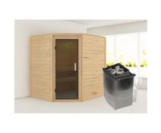 Sauna KARIBU "Mia (Fronteinstieg)", beige (naturbelassen), (ohne Ofen), Saunen, Ofen 9 kW integr. Strg