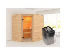 Sauna KARIBU "Mia (Fronteinstieg)", beige (naturbelassen), (ohne Ofen), Saunen, Ofen 9 kW integr. Strg