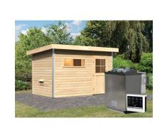 Saunahaus KARIBU "»Simon 1« mit klassischer Tür, naturbelassen", beige (naturbelassen), Bio-Kombiofen, externe Steuerung, (ohne Ofen), Saunen