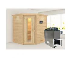 Sauna KARIBU "Mia (Fronteinstieg)", beige (naturbelassen), (ohne Ofen), Saunen, Ofen 9 KW externe Strg easy