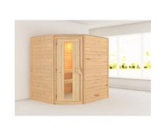 Sauna KARIBU "Mia (Fronteinstieg)", beige (naturbelassen), (ohne Ofen), Saunen, inklusive Ofenschutzgitter und Tür