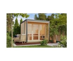 Saunahaus KARIBU "Adrian 3" naturbelassen-graualuminium", braun (naturbelassen), Saunaofen, externe Steuerung, 400 kW, Saunen, Wände aus nordischer Fichte, Stahlecken und Stahl-Dachabschluss