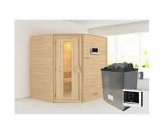 Sauna KARIBU "Mia (Fronteinstieg)", beige (naturbelassen), (ohne Ofen), Saunen, Ofen 9 KW externe Strg easy