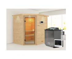 Sauna KARIBU "Mia (Fronteinstieg)", beige (naturbelassen), (ohne Ofen), Saunen, Ofen 9 kW Bio externe Strg easy