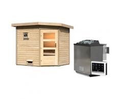 Saunahaus KARIBU "Tore", beige (naturbelassen), Bio-Ofen, externe Steuerung, 9 kW, Saunen, Ofen 9 kW Bio externe Strg easy