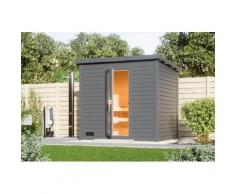 Saunahaus KARIBU "Talo 3", grau (terragrau), ohne Ofen, (ohne Ofen), Saunen, aus hochwertiger nordischer Fichte, mit Energiespartür