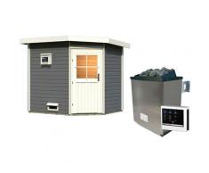 Saunahaus KARIBU "Tore", grau (terragrau), Saunaofen, externe Steuerung, 9 kW, Saunen, klassiche Tür, Mit 9 KW Ofen und externe Steuerung Easy
