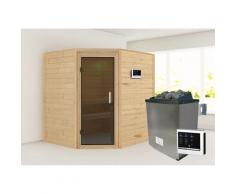 Sauna KARIBU "Mia (Fronteinstieg)", beige (naturbelassen), (ohne Ofen), Saunen, Ofen 9 KW externe Strg easy