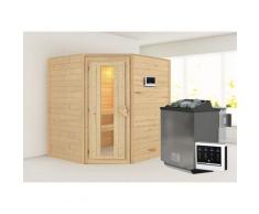 Sauna KARIBU "Mia (Fronteinstieg)", beige (naturbelassen), (ohne Ofen), Saunen, Ofen 9 kW Bio externe Strg easy