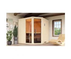 Sauna WEKA "Element-Ecksauna VARBERG 3", weiß, Saunaofen, integrierte Steuerung, 9 kW, Saunen, vorgefertigte Elemente, moderne Ganzglastür, bodenl. Fensterelement