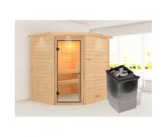 Sauna KARIBU "Mia (Fronteinstieg)", beige (naturbelassen), (ohne Ofen), Saunen, Ofen 9 kW integr. Strg