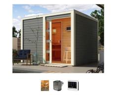Saunahaus KONIFERA "Ruben", grau (terragrau), Bio-Ofen, externe Steuerung, 9 kW, Saunen, Ofen 9 kW Bio externe Strg easy