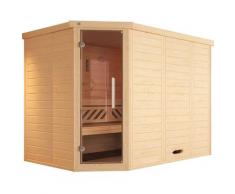Sauna WEKA "Design-Sauna KEMI Eck 2", beige (natur), Saunaofen, externe Steuerung, 9 kW, Saunen, Blockbohlen, vorgefertigte Elemente, moderne Ganzglastür