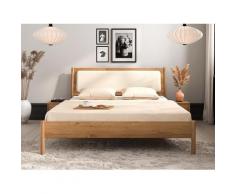Bett PARIS Eiche massiv mit Leinen-Polsterkopfteil 140x200