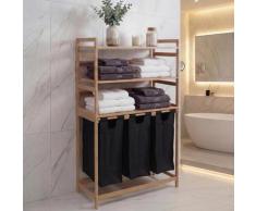 Bambus Wäschesammler HWC-P78, Wäschesortierer Wäschekorb Regal Wäscheorganizer, 3 Ablagen FSC® 125x80x40cm 135L ~ schwarz