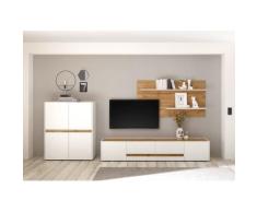 Wohnwand 340 cm weiss + Eiche 3-teilig Nr 16 BOSTON + Beleuchtung