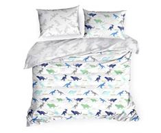 Design91 Bettwäsche Bettzeug Dinos Aufdruck Dinosaurier Bettbezug Baumwolle Oeko-Tex Set 2 Kissenbezüge 1 Deckenbezug Kinderzimmer, Weiß + Blau, 140X200cm