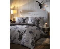 DE CAMA Tartan Check Hirsch Bettwäscheset, Bettbezug-Set, grau/schwarz, Single