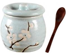 123Arts Zuckerdose aus Keramik, japanische Blume, für Salz und Pfeffer, mit Deckel, Holzlöffel Free blau