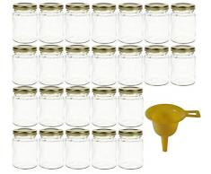 Viva Haushaltswaren - 24 x kleines Einmachglas 106 ml mit goldfarbenem Deckel, runde Glasdosen als Marmeladengläser, Gewürzdosen, Gastgeschenk etc. verwendbar (inkl. Trichter)