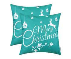 CaliTime Kissenbezüge Kissenhülle Packung mit 2 weichen Leinen-Dekokissenbezügen Hüllen für das Sofa auf der Couch Wohnkultur Frohe Weihnachten Weißes Rentier 40cm x 40cm Petrol