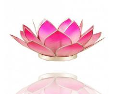 GESCHENKIDEE/DEKO: Stylisher Halter für Teelichter aus Capiz-Muschel in Form einer dreiblättrigen Lotusblüte im Farbverlauf mit silberfarbener Einfassung