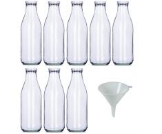 Viva Haushaltswaren - 8 x Weithals-Glasflasche 1000 ml mit weißem Schraubverschluss, als Milchflasche, Saftflasche & Smoothieflasche verwendbar (inkl. Trichter Ø 9 cm)