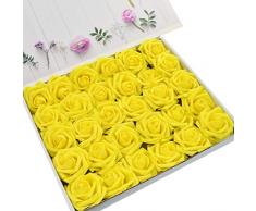 DerBlue 60 künstliche Rosen Blumen echt aussehende künstliche Rosen aus Schaumstoff Dekoration DIY für Hochzeitssträuße Tafelaufsätze, Arrangements, Party-Dekoration gelb