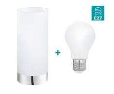EGLO Tischlampe Damasco 1, 1 flammige Tischleuchte, Nachttischlampe aus Stahl, Farbe: Chrom, weiß, Fassung: E27, inkl. Schalter + LED E27 Lampe, Glühbirne Klassik Milky, LED Lampe für 360° Beleuchtung