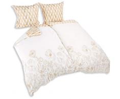 AmeliaHome 06679 4tlg 2 x Biber Bettwäsche 135x200 cm mit 2 Kopfkissenbezügen 80x80 cm 100% Baumwolle Blumen geometrisches Muster Bettbezug Reißverschluss Snuggy Collection Golden Poppy beige