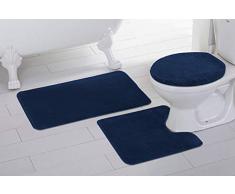 Elegant Home 3-teiliges Badezimmerteppich-Set, Badematte, Konturmatte, Deckelbezug, Rutschfest, mit Gummi-Rückseite, einfarbig, Angela Navy