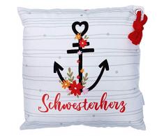 GRUSS & CO Gruss und Co 46485 Kleines Plüschkissen Schwesterherz, Zierkissen mit Anker und Kordel, 25 cm x 25 cm Kissen, Polyester, Mehrfarbig