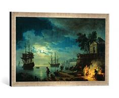 Gerahmtes Bild von Claude Joseph Vernet Night: A Port in The Moonlight, 1748, Kunstdruck im hochwertigen handgefertigten Bilder-Rahmen, 60x40 cm, Silber Raya