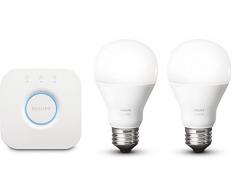 Philips Hue White E27 LED Lampe Starter Set, zwei Lampen inkl. Bridge, dimmbar, warmweiÃes Licht, steuerbar via App, kompatibel mit Amazon Alexa (Echo, Echo Dot)