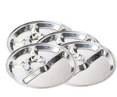 IndiaBigShop Edelstahl Teller mit fünf Fächern, Thali, Tablett, Essteller - 4er-Set