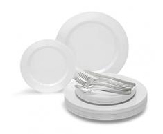 Occasions 150 Stück Set / 25 Gast - Hochzeit Kunststoff Teller & Besteck - Einwegschwergewicht Essgeschirr 10.5 , 7.5 + Silber w/Doppelgabel (Plain White)