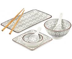 Mäser, Serie Osaka Sushi Set 7-tlg, Porzellan Geschirr-Set dekoriert in den Farben Grau und Weiß, inkl Esstäbchen