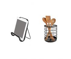 iDesign Tablet Halterung, moderner Kochbuchhalter aus Metall für die Arbeitsplatte, Tablet Ständer + Küchenutensilienhalter für die Arbeitsfläche, runder Besteckhalter aus Metall, Küchen Aufbewahrung