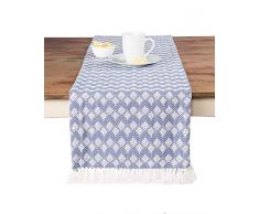 Sticky Toffee Karamell-Gewebte Baumwolle Tisch-Sets Set und Tischläufer mit Fransen, Gewelltem Diamant Table Runner Blau