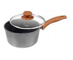 STONELINE Back to Nature Stielkasserolle 18 cm, mit Glasdeckel, induktionsgeeignet, Griffe in Holzoptik Topf, Aluminium, grau, 2-Einheiten