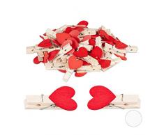 Relaxdays, rot Mini Holzklammern 48er Set Herz, Vintage, Wäscheklammern Holz, Dekoklammern, Basteln, Dekoset, Retro, Standard