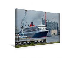 Calvendo Premium Textil-Leinwand 45 cm x 30 cm Quer, Queen Mary 2 vor der Elbphilharmonie und St. Michaelis | Wandbild, Bild auf Keilrahmen, Fertigbild auf Echter Leinwand, Leinwanddruck Orte Orte