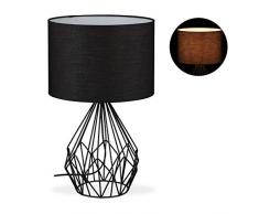 Relaxdays Tischlampe Gitter, runder Stoffschirm, Metall Fuß, E27, Industrial, Nachttischlampe, HxD 51,5 x 32 cm, schwarz